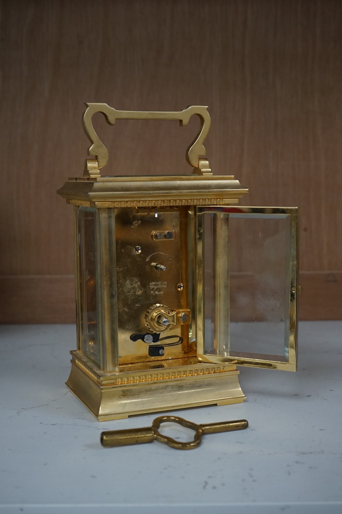 A Mappin and Webb, gilt brass carriage timepiece, 13cm high.